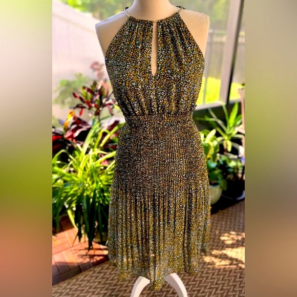 MICHAEL Kors Floral Pleated Halter Dress Multicolor Gold Neck Accent Size 6 - Picture 2 of 10